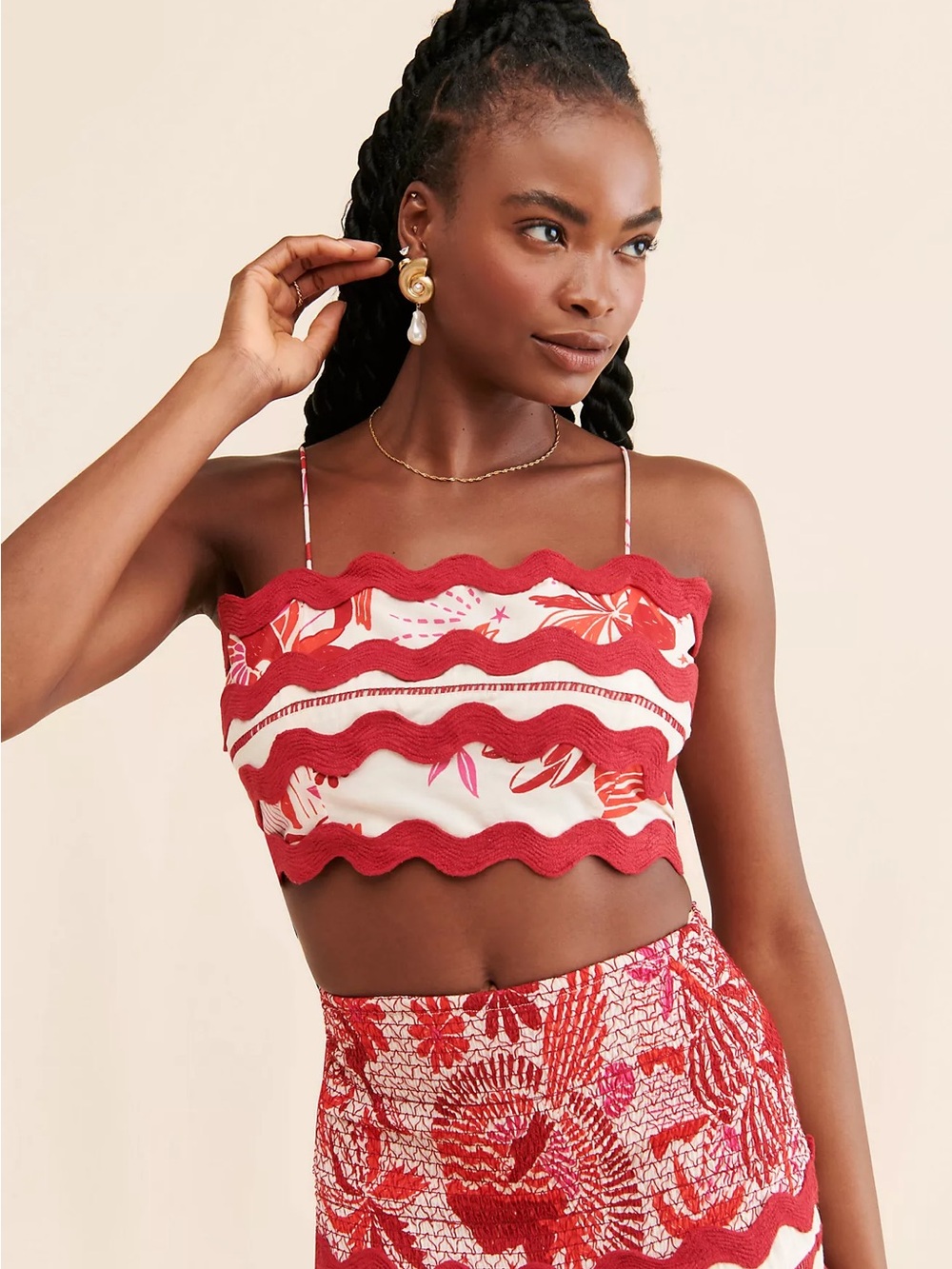 🌺 FARM Rio 100% COTTON Rio Tiles Off-White Crop Top NWT Medium Ric Rac Tie Back